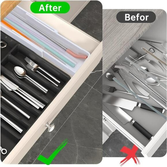 Expandable Straw Drawer Organizer Clear Plastic Kitchen Utensil Storage Holder - Picture 5 of 8
